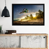 Green Motocross Over Heights Framed Canvas Wall Art - Framed Prints, Canvas Prints, Prints for Sale, Canvas Painting