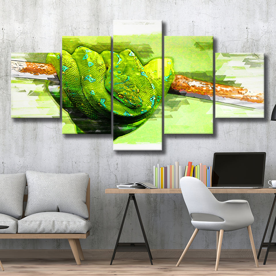 Green Python 5 Pieces Canvas Prints Wall Art Decor - Painting Canvas, Mixed Canvas, Multi Panels