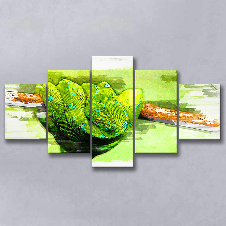 Green Python 5 Pieces Canvas Prints Wall Art Decor - Painting Canvas, Mixed Canvas, Multi Panels