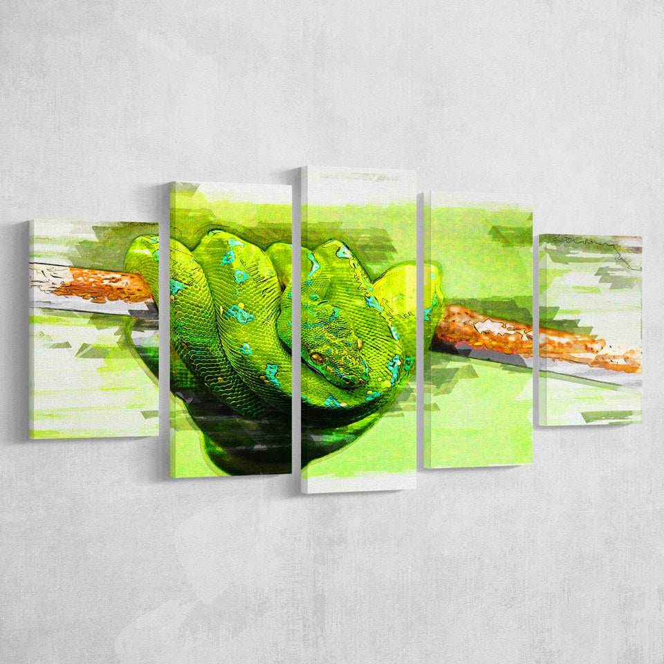 Green Python 5 Pieces Canvas Prints Wall Art Decor - Painting Canvas, Mixed Canvas, Multi Panels