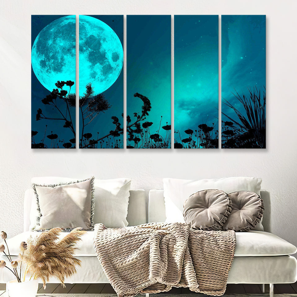 Green Moon At Night 5 Pieces B Canvas Prints Wall Art - Painting Canvas, Multi Panels,5 Panel, Wall Decor