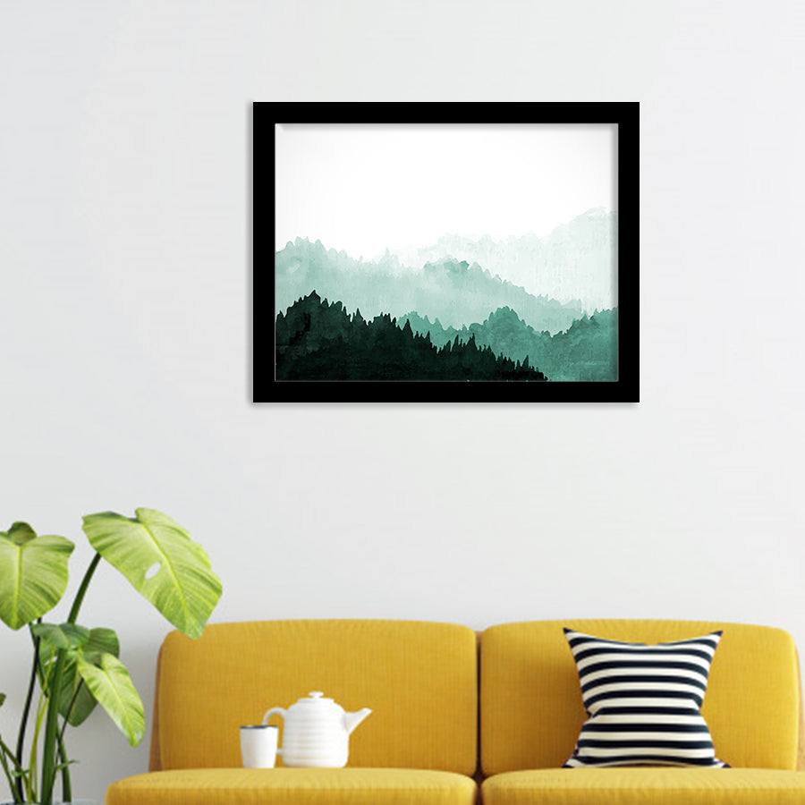 Green Mountains With Forest Trees In The Fog Framed Wall Art - Framed Prints, Art Prints, Print for Sale, Painting Prints