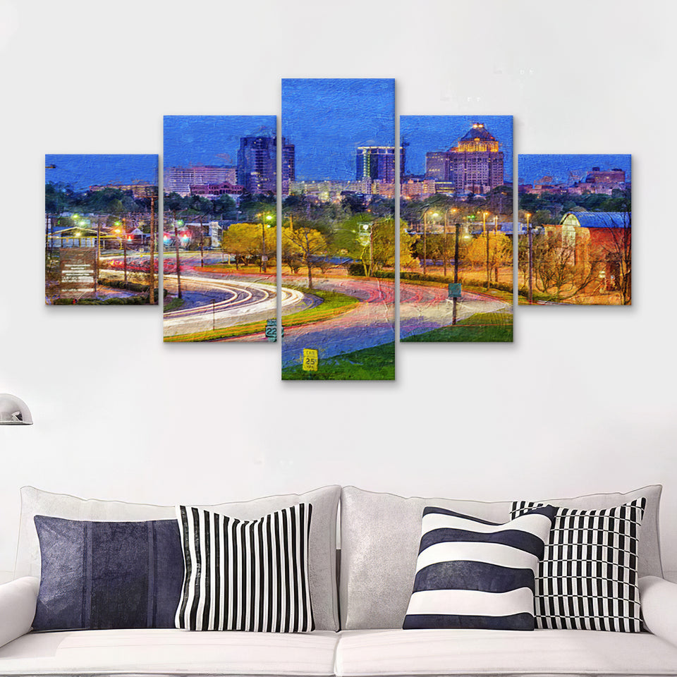 Greensboro Cityscape 5 Piece Canvas Prints Wall Art Decor - Painting Canvas, Multi Panels