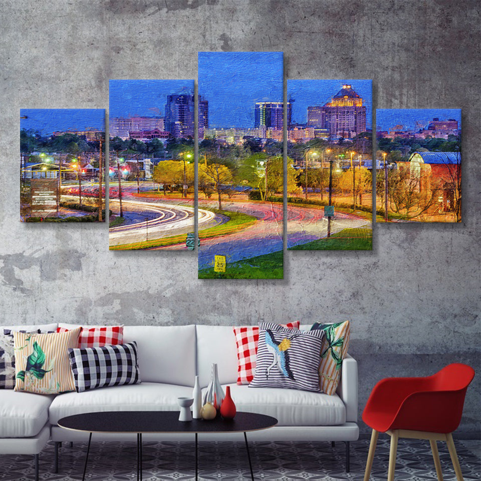 Greensboro Cityscape 5 Piece Canvas Prints Wall Art Decor - Painting Canvas, Multi Panels