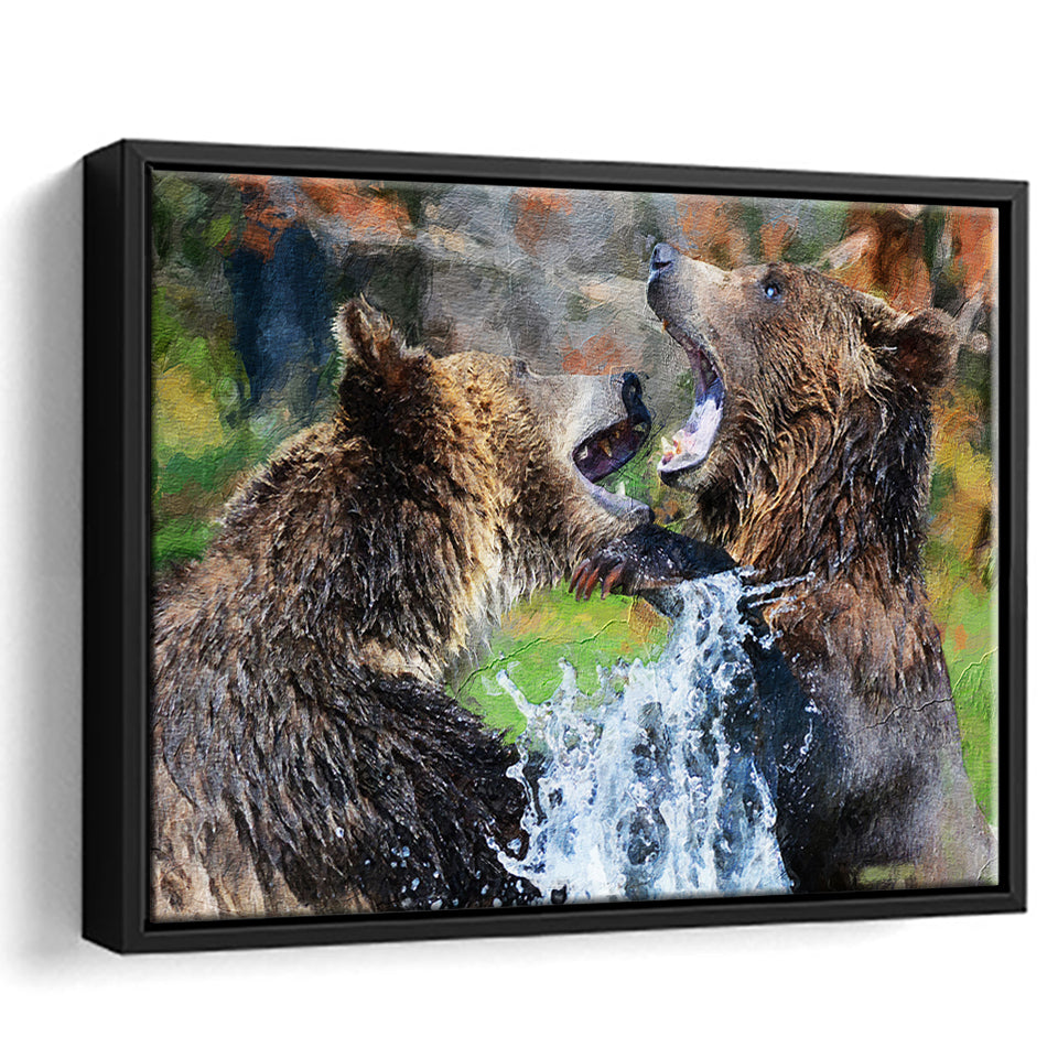 Grizzly Bears Playing in Water Framed Canvas Prints Wall Art Decor - Paiting Canvas, Art Prints, Floating Frame