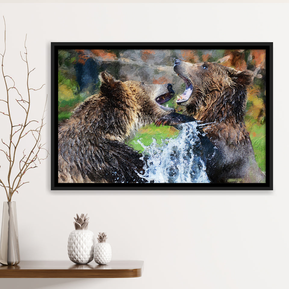 Grizzly Bears Playing in Water Framed Canvas Prints Wall Art Decor - Paiting Canvas, Art Prints, Floating Frame