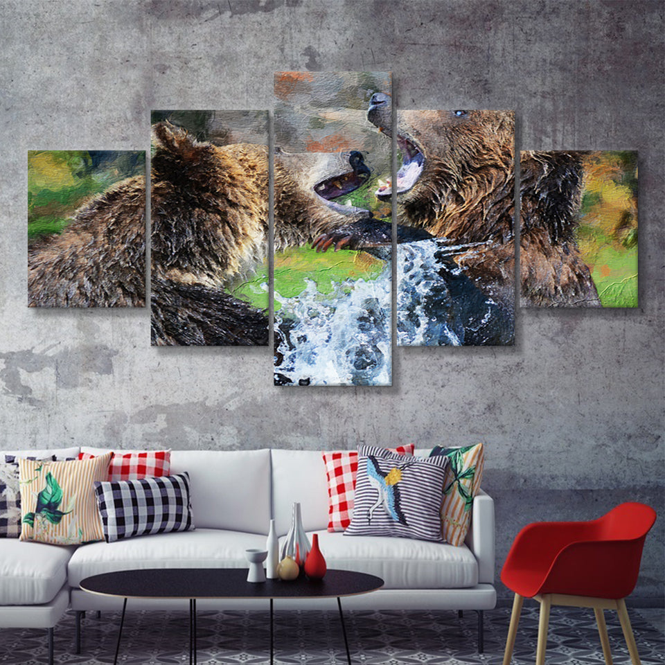 Grizzly Bears Playing in Water 5 Piece Canvas Prints Wall Art Decor - Painting Canvas, Multi Panels