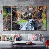 Grizzly Bears Playing in Water 5 Piece B Canvas Prints Wall Art Decor - Painting Canvas, Multi Panels