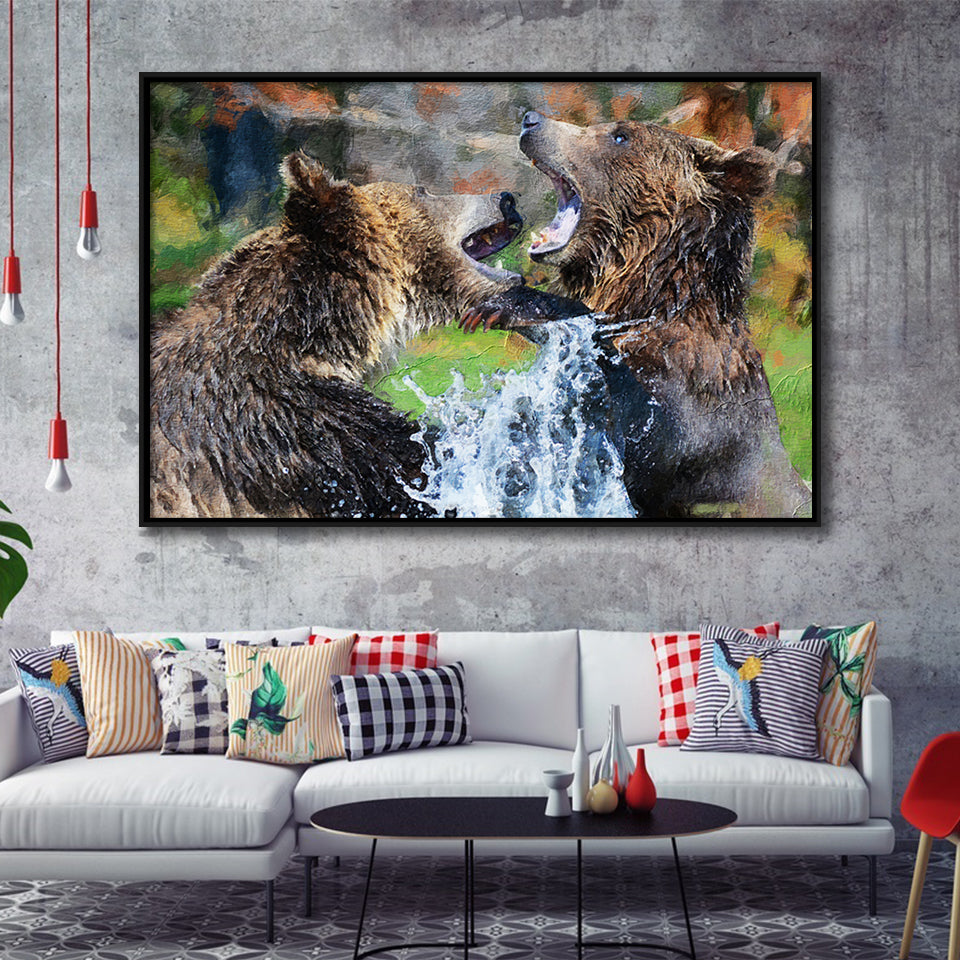Grizzly Bears Playing in Water Framed Canvas Prints Wall Art Decor - Paiting Canvas, Art Prints, Floating Frame