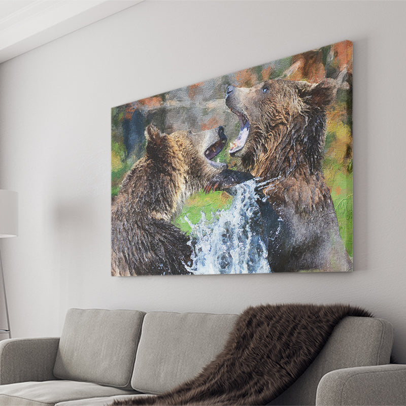 Grizzly Bears Playing in Water Canvas Prints Wall Art Decor - Paiting Canvas, Art Prints, Wall Decor, For Sale