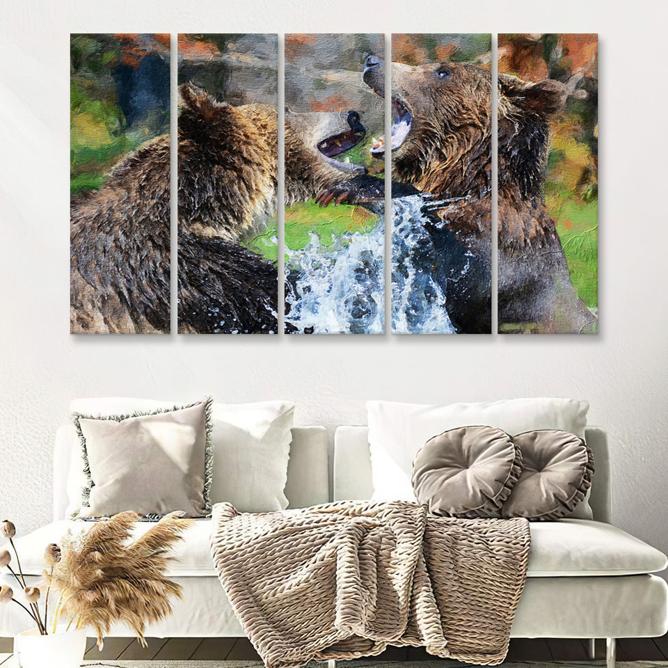 Grizzly Bears Playing in Water 5 Piece B Canvas Prints Wall Art Decor - Painting Canvas, Multi Panels