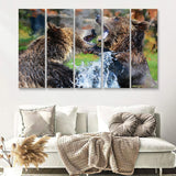Grizzly Bears Playing in Water 5 Piece B Canvas Prints Wall Art Decor - Painting Canvas, Multi Panels