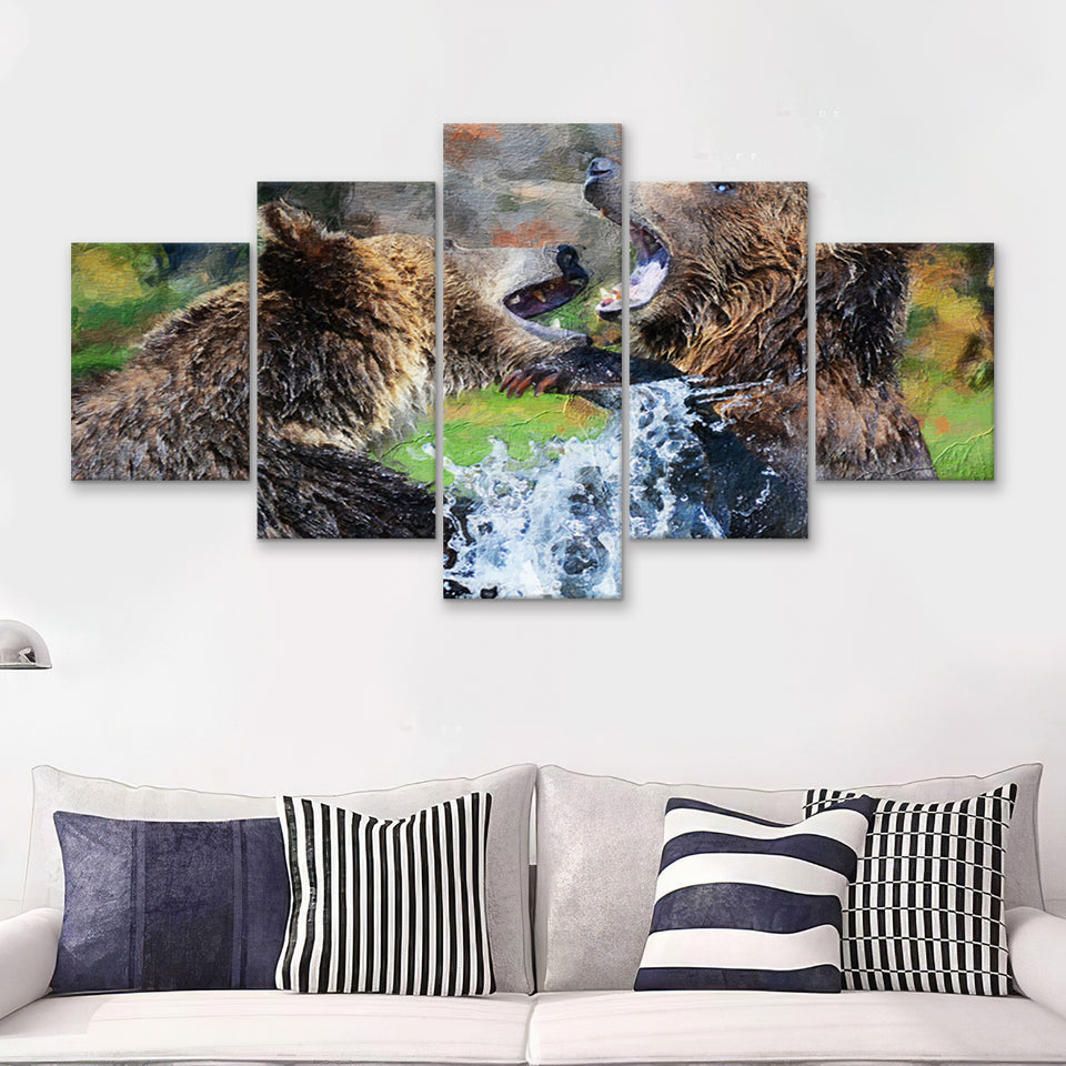 Grizzly Bears Playing in Water 5 Piece Canvas Prints Wall Art Decor - Painting Canvas, Multi Panels
