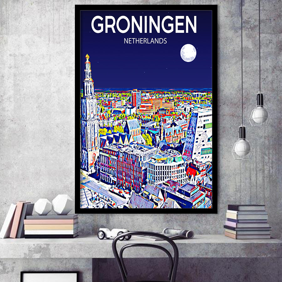 Groningen Netherlands Art Night Art Print, City Art Print, Framed Art Print Wall Art Home Decor, Framed Picture