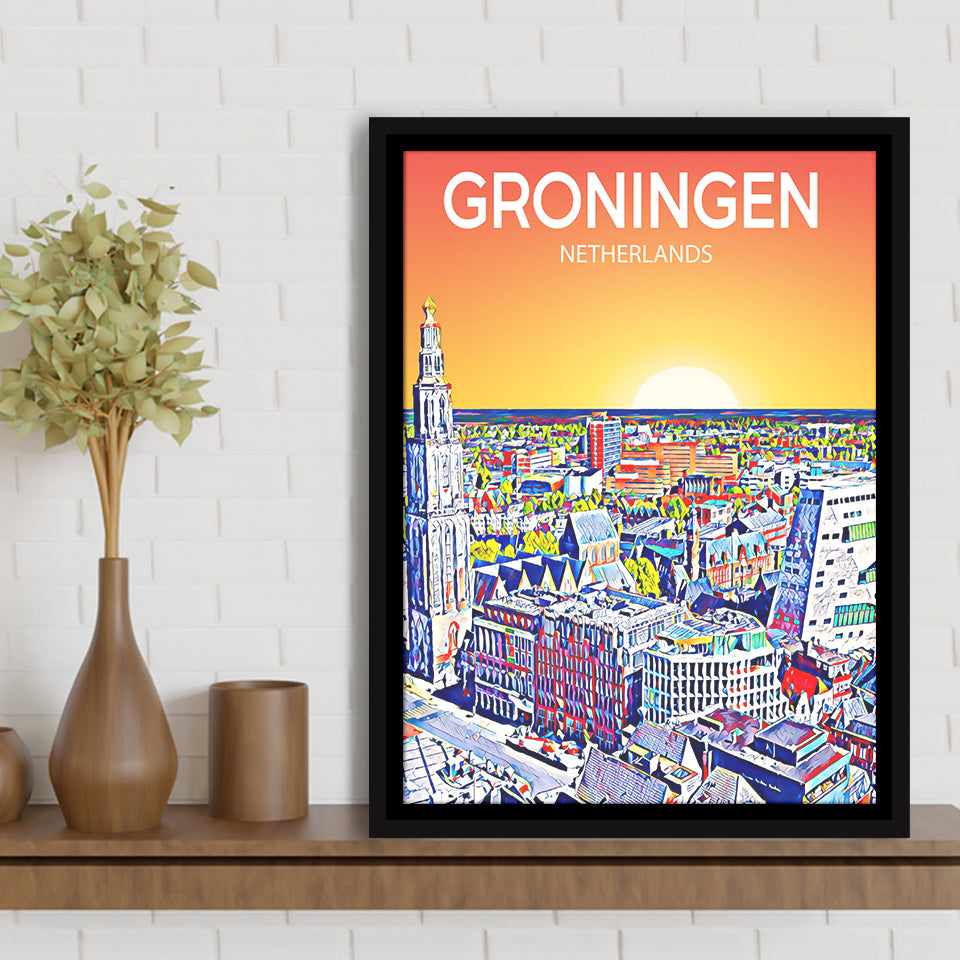Groningen Netherlands Art Sunset Art Print, Large Canvas, Framed Canvas Print Wall Art Home Decor, Floating Frame