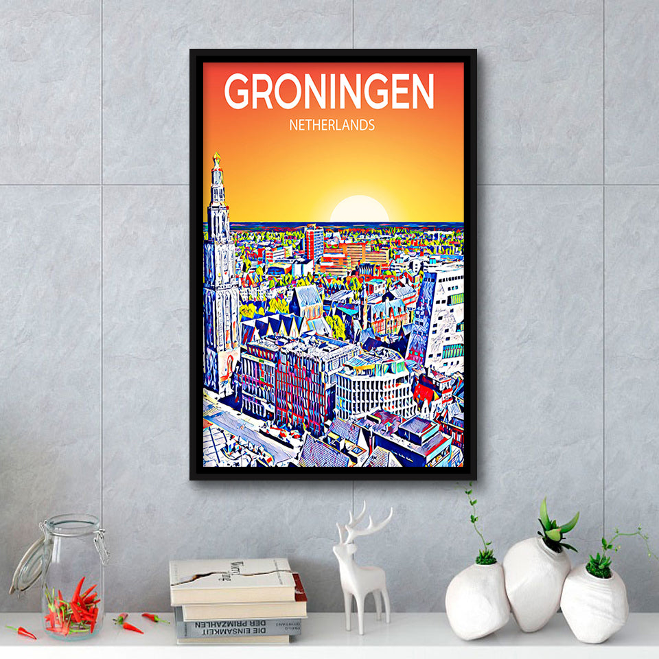 Groningen Netherlands Art Sunset Art Print, Large Canvas, Framed Canvas Print Wall Art Home Decor, Floating Frame