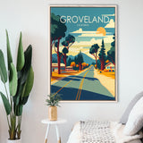 Groveland California Retro Art Print, Large Canvas, Framed Canvas Print Wall Art Home Decor, Floating Frame