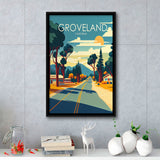 Groveland California Retro Art Print, Large Canvas, Framed Canvas Print Wall Art Home Decor, Floating Frame
