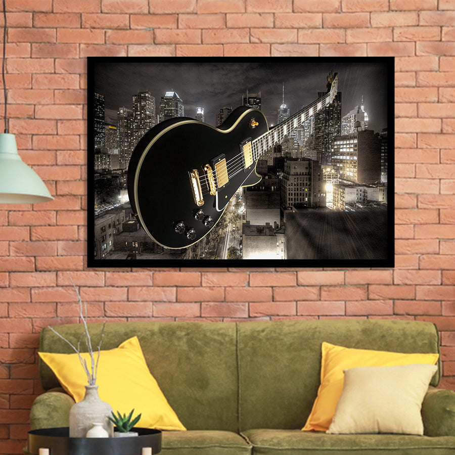 Guitar And City Framed Art Prints Wall Decor - Painting Art, Black Frame, Home Decor, Prints for Sale
