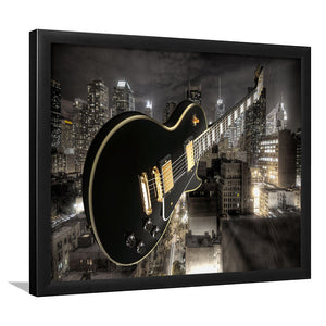 Guitar And City Framed Art Prints Wall Decor - Painting Art, Black Frame, Home Decor, Prints for Sale