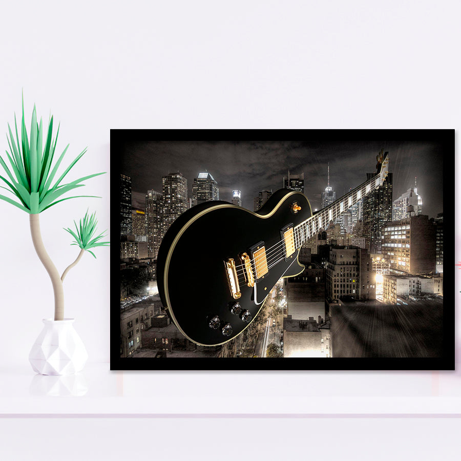 Guitar And City Framed Art Prints Wall Decor - Painting Art, Black Frame, Home Decor, Prints for Sale