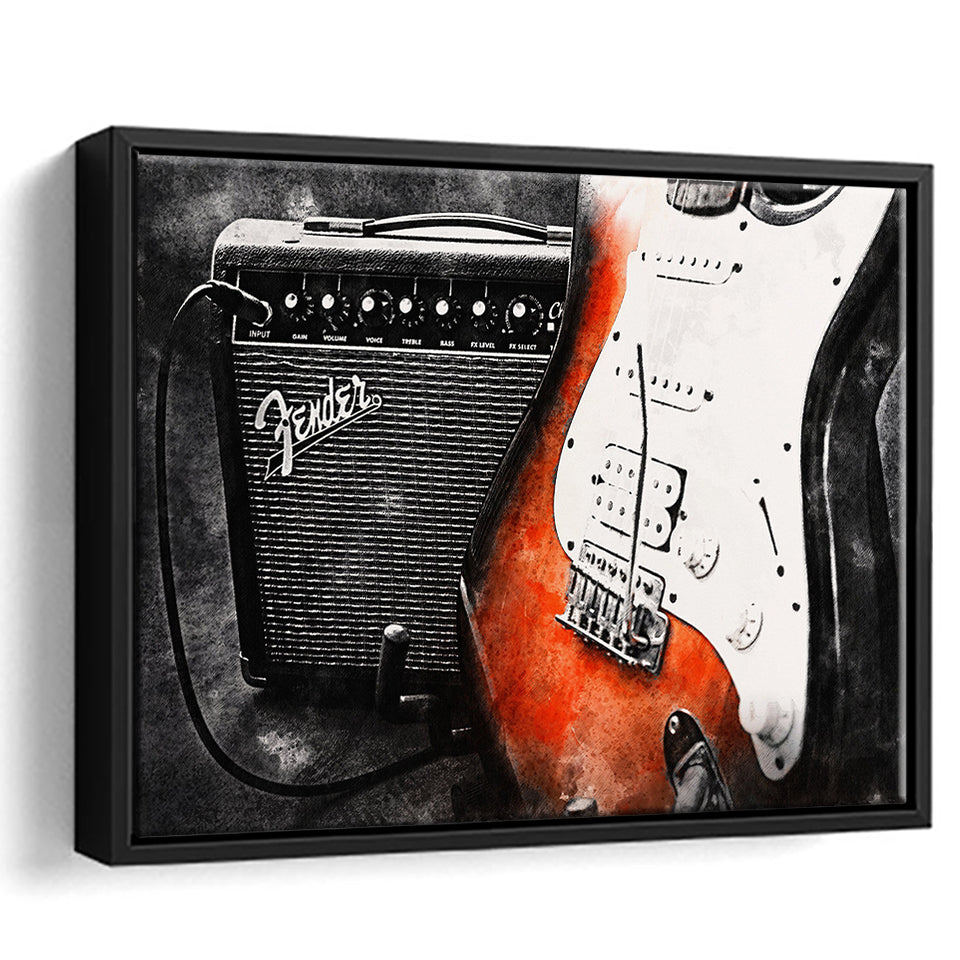 Guitar Music Art, Music Room Art V1 Framed Canvas Prints Wall Art, Floating Frame, Large Canvas Home Decor