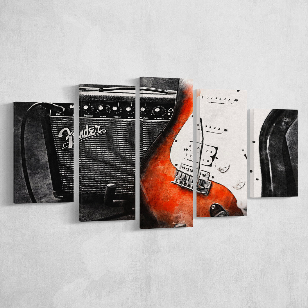 Guitar Music Art, Music Room Art V1, 5 Panel Canvas Prints Wall Art,Mixed Canvas, Large Canvas