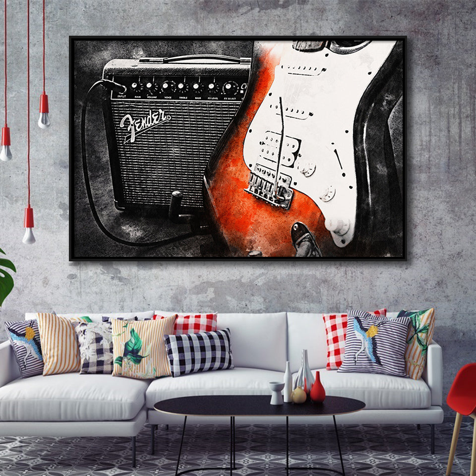 Guitar Music Art, Music Room Art V1 Framed Canvas Prints Wall Art, Floating Frame, Large Canvas Home Decor