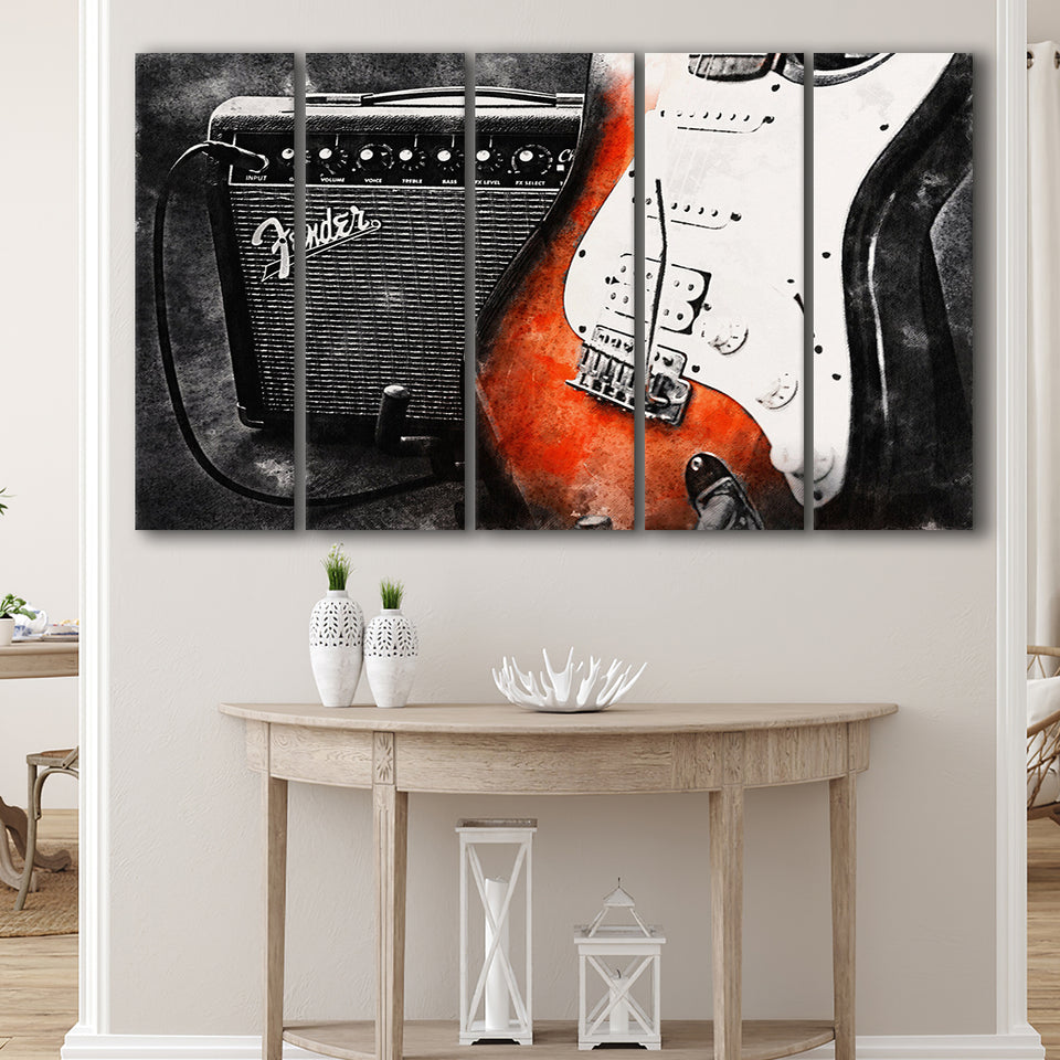 Guitar Music Art, Music Room Art V1, 5 Panel B Canvas Prints Wall Art, Extra Large Canvas Decor