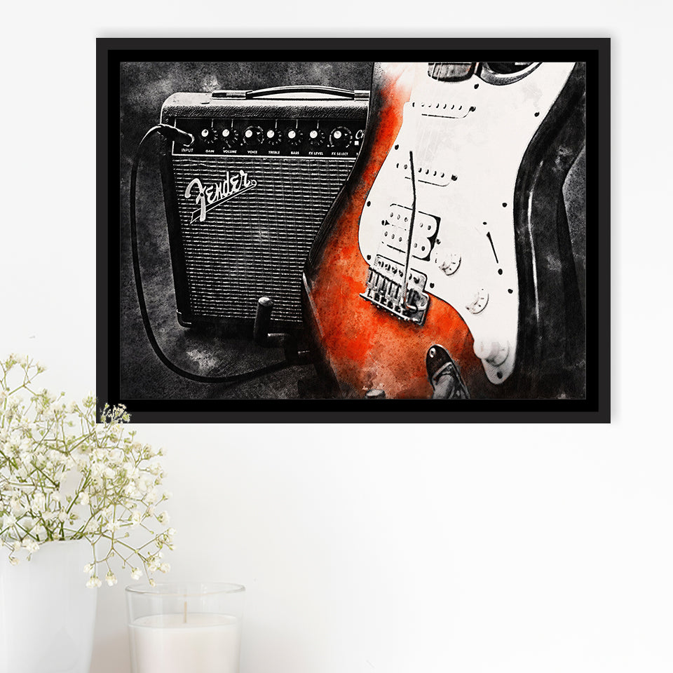 Guitar Music Art, Music Room Art V1 Framed Canvas Prints Wall Art, Floating Frame, Large Canvas Home Decor