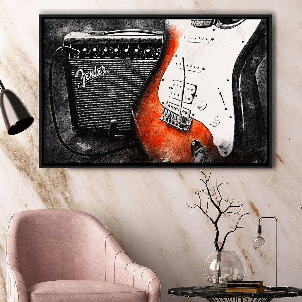 Guitar Music Art, Music Room Art V1 Framed Canvas Prints Wall Art, Floating Frame, Large Canvas Home Decor