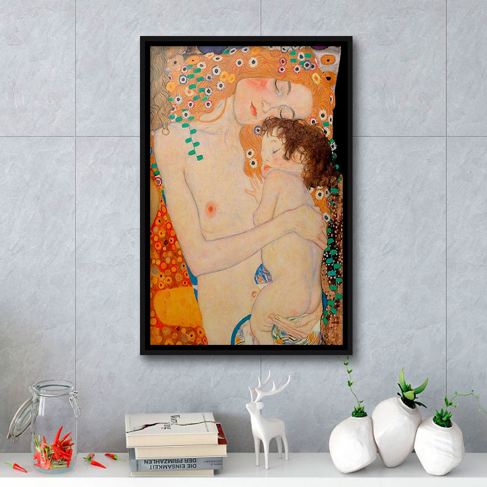 Gustav Klimt Mother And Child, Reproduction Art, Oil Painting Framed Canvas Prints Wall Art, Floating Frame, Large Canvas
