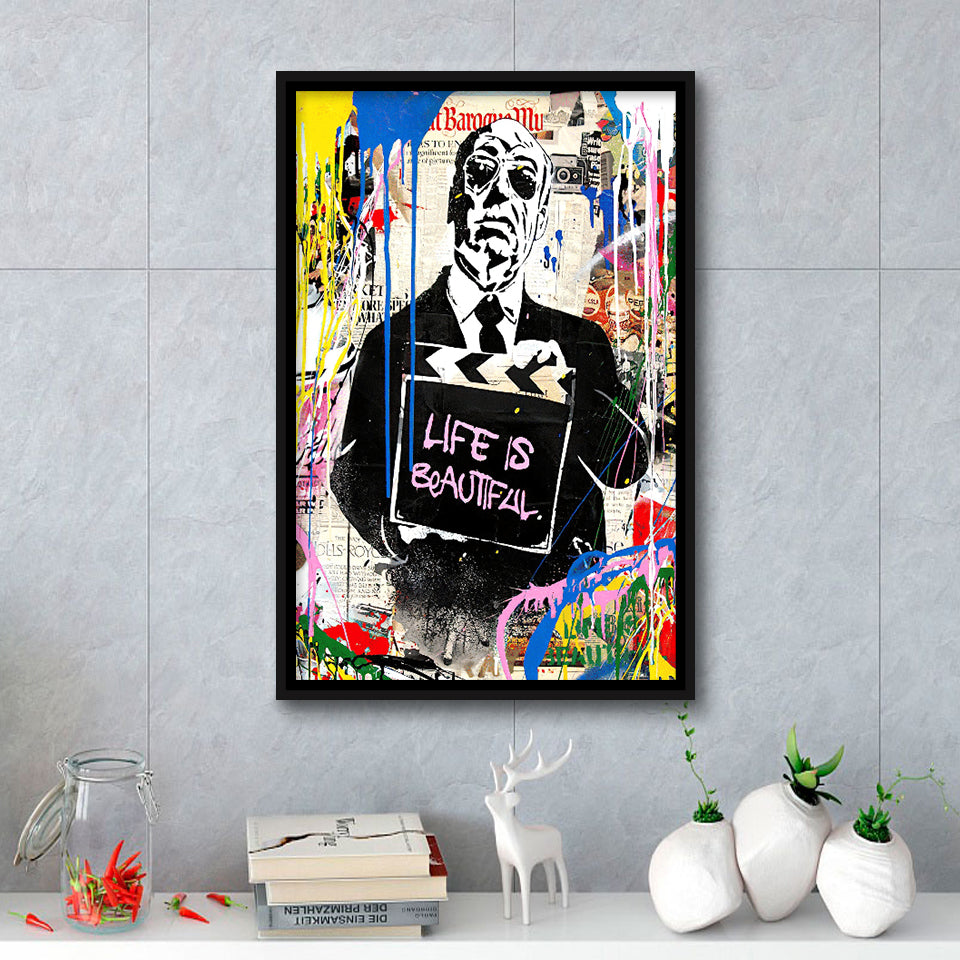 Hitchcock Life Is Beautiful Graffiti Art Framed Canvas Prints Wall Art Decor - Painting Canvas, Floating Frame, Framed Picture