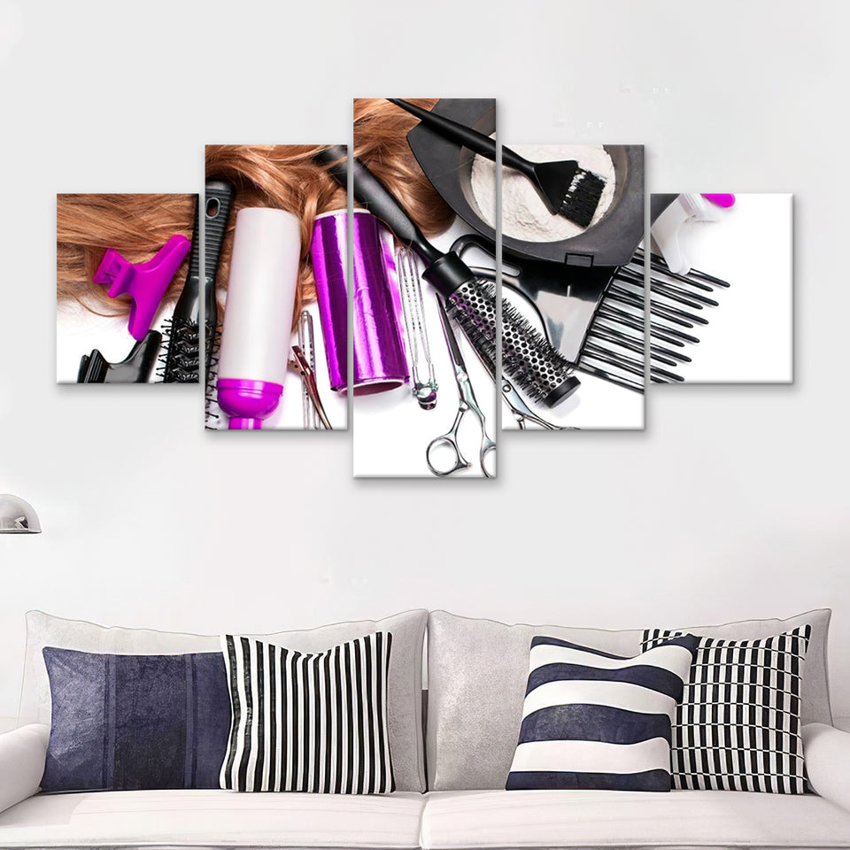 Hairdresser Accessories for Coloring Hair on a White Background 5 Pieces Canvas Prints Wall Art - Painting Canvas, Multi Panels, Wall Decor
