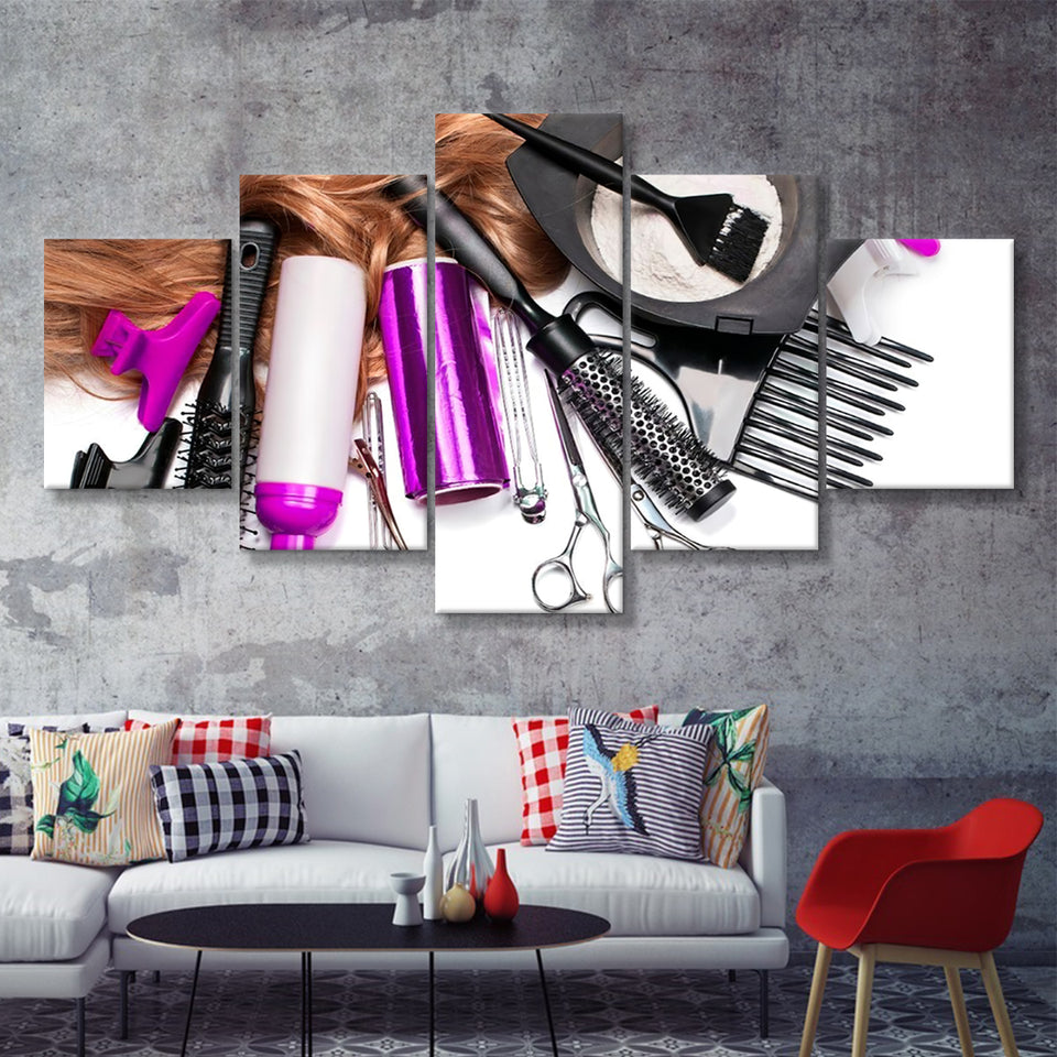 Hairdresser Accessories for Coloring Hair on a White Background 5 Pieces Canvas Prints Wall Art - Painting Canvas, Multi Panels, Wall Decor