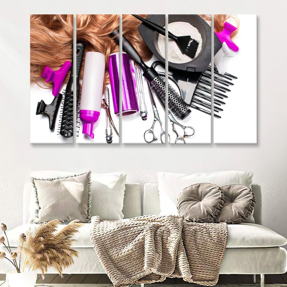 Hairdresser Accessories for Coloring Hair on a White Background 5 Pieces Canvas Prints Wall Art - Painting Canvas, Multi Panels, Wall Decor