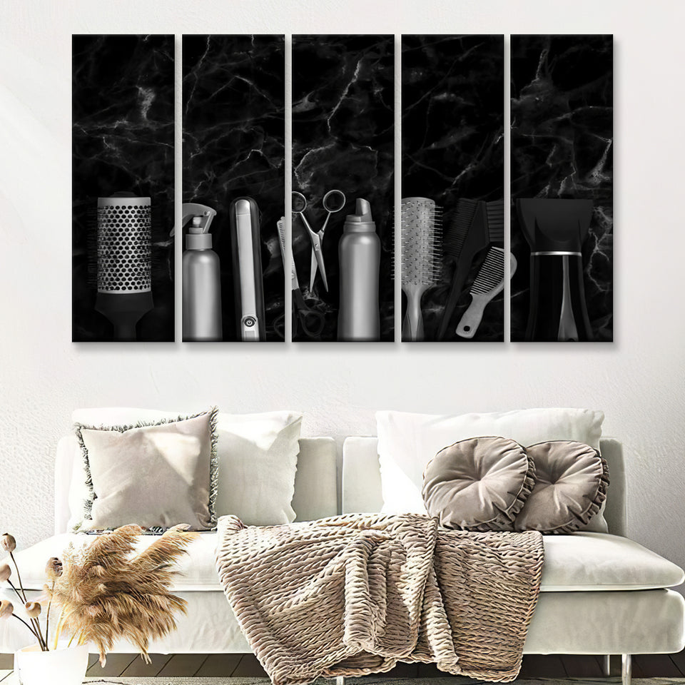 Hairdresser Tools Marble Shop Decor 5 Pieces B Canvas Prints Wall Art - Painting Canvas, Multi Panels, Wall Decor
