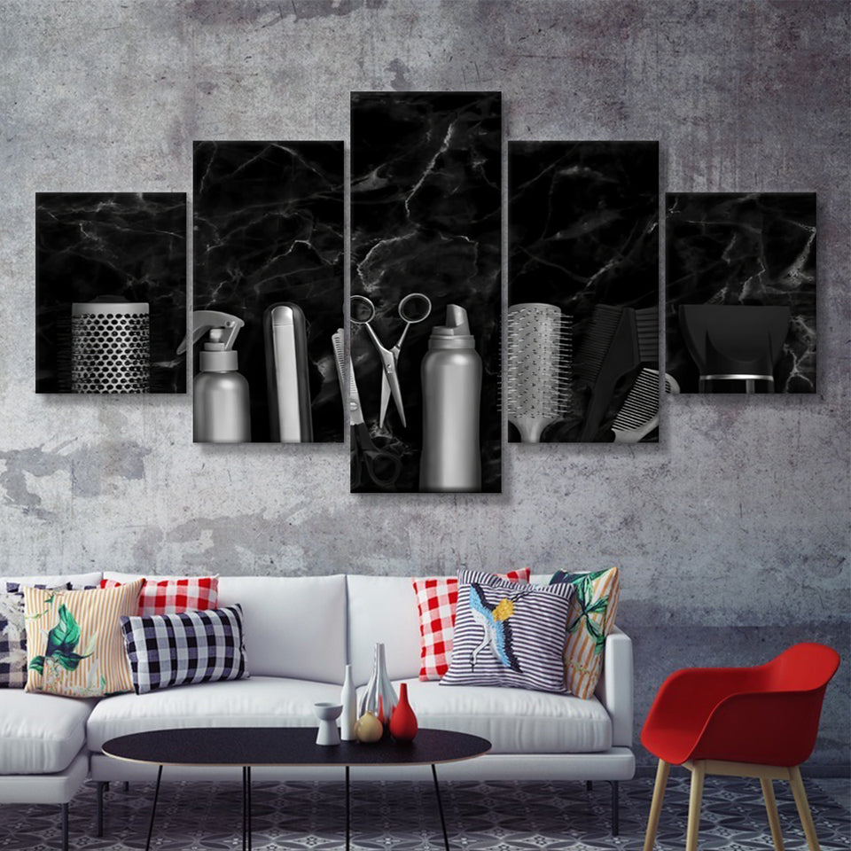 Hairdresser Tools Marble Shop Decor 5 Pieces Canvas Prints Wall Art - Painting Canvas, Multi Panels, Wall Decor