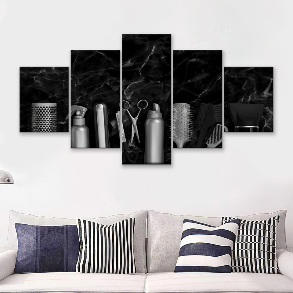 Hairdresser Tools Marble Shop Decor 5 Pieces Canvas Prints Wall Art - Painting Canvas, Multi Panels, Wall Decor