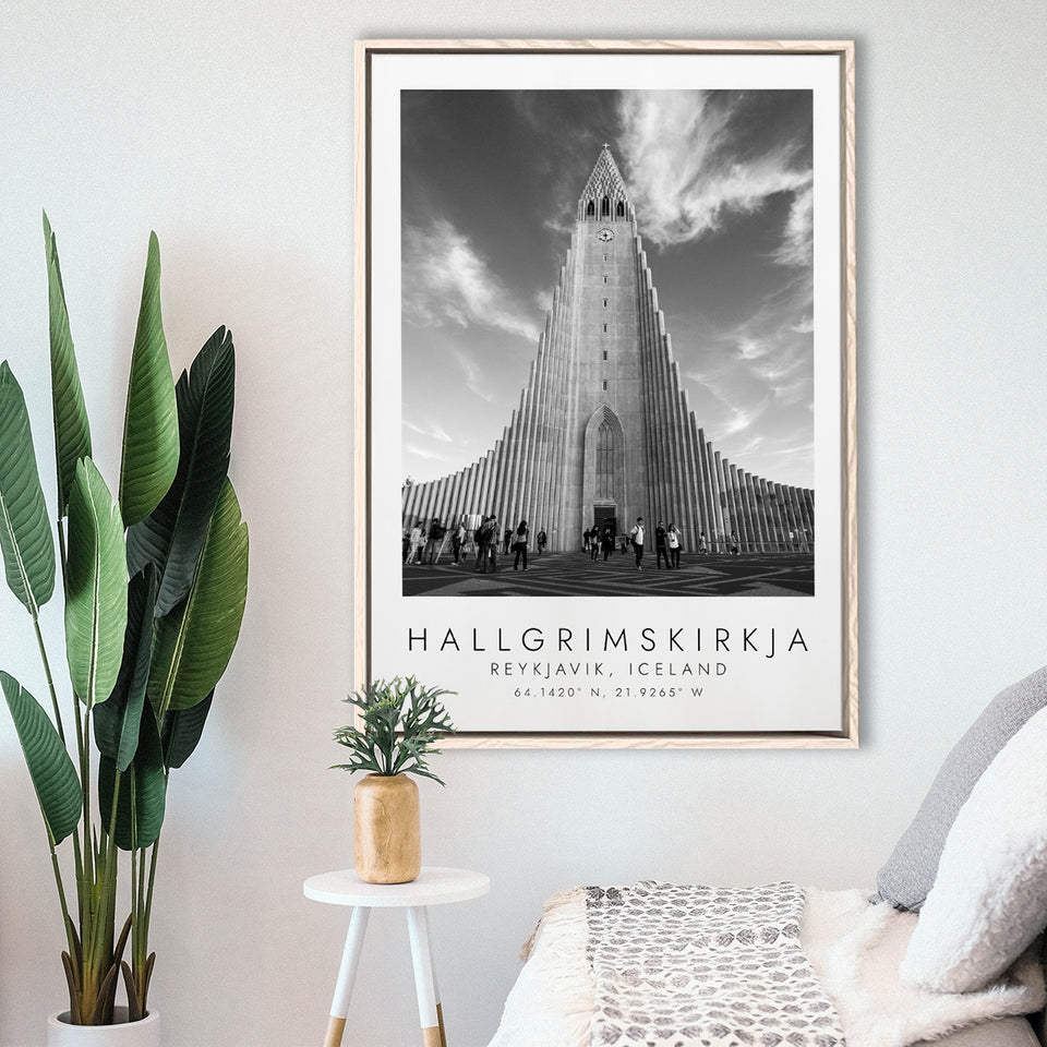 Hallgrimskirkja, Reykjavik Iceland Print Black And White Art Framed Canvas Prints Wall Art Home Decor, Floating Frame