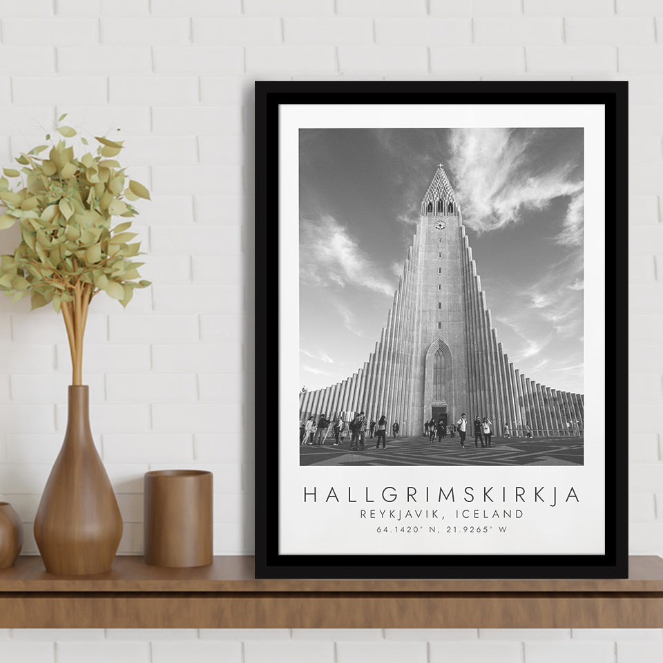Hallgrimskirkja, Reykjavik Iceland Print Black And White Art Framed Canvas Prints Wall Art Home Decor, Floating Frame