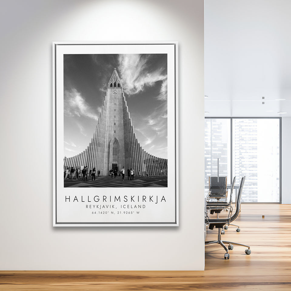 Hallgrimskirkja, Reykjavik Iceland Print Black And White Art Framed Canvas Prints Wall Art Home Decor, Floating Frame