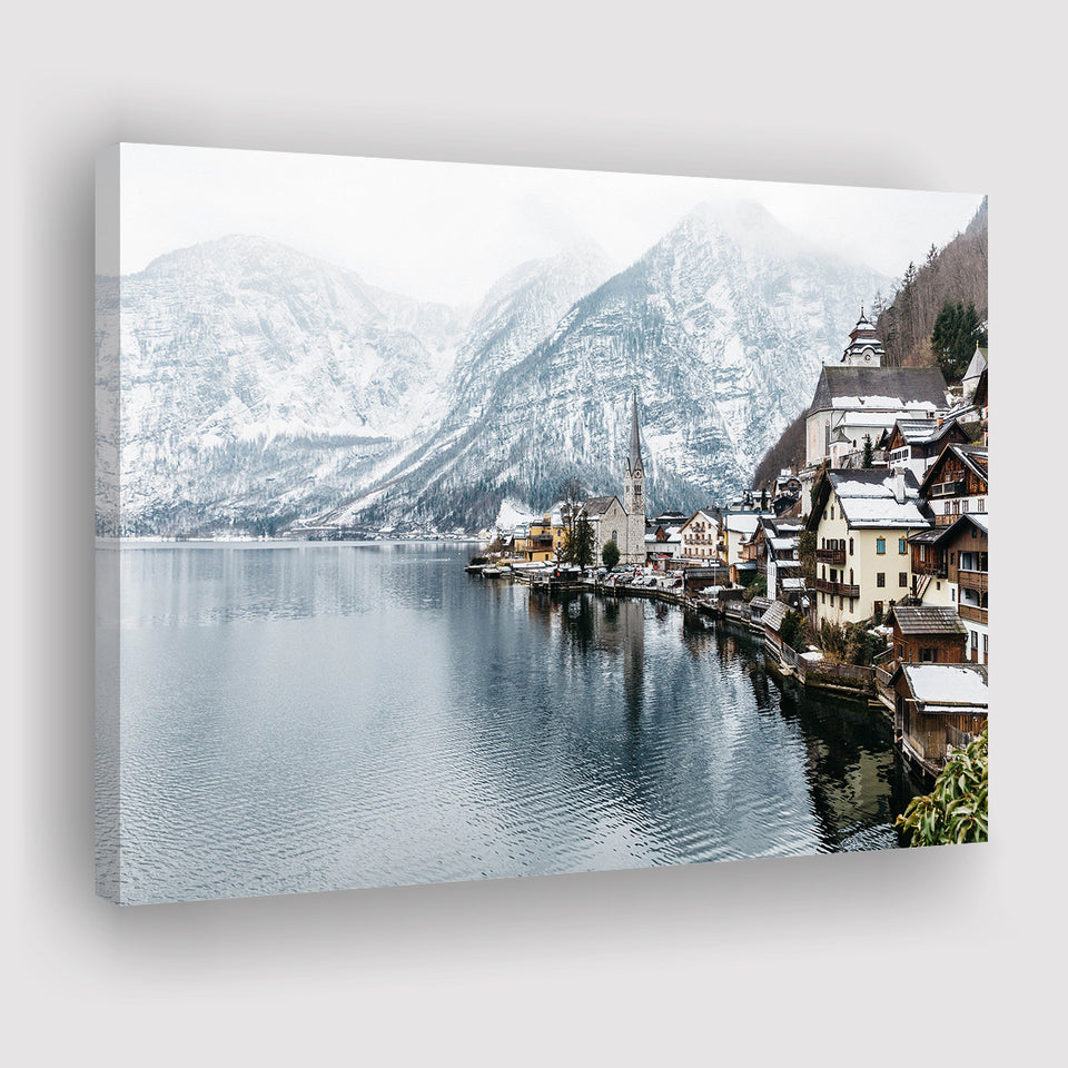 Hallstatt Lake in the Alps, Alps Photo Canvas Prints Wall Art Home Decor - Painting Canvas, Ready to hang
