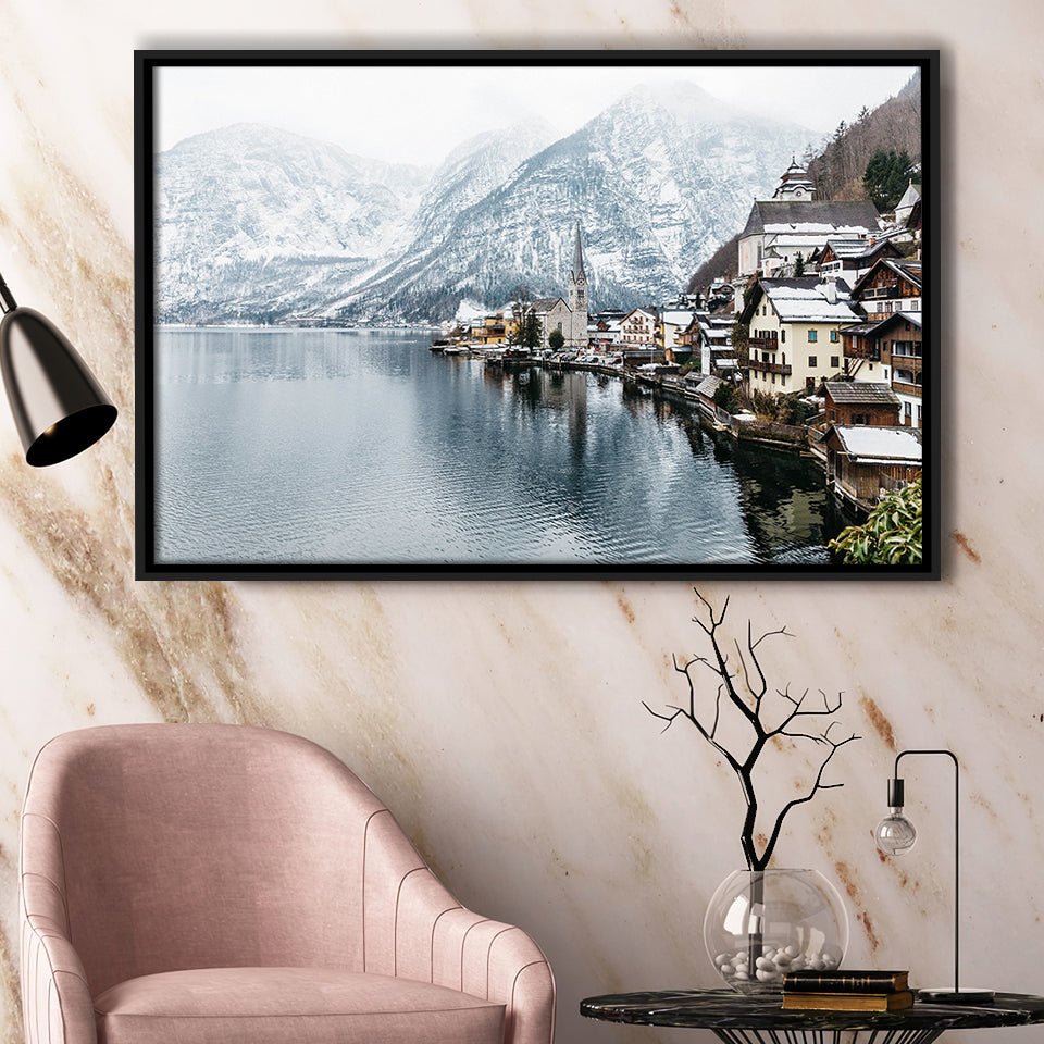 Hallstatt Lake in the Alps, Alps Photo Framed Canvas Prints Wall Art Decor, Black Floating Frame