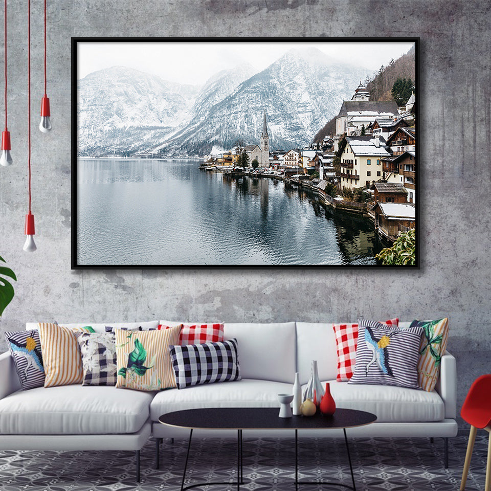 Hallstatt Lake in the Alps, Alps Photo Framed Canvas Prints Wall Art Decor, Black Floating Frame
