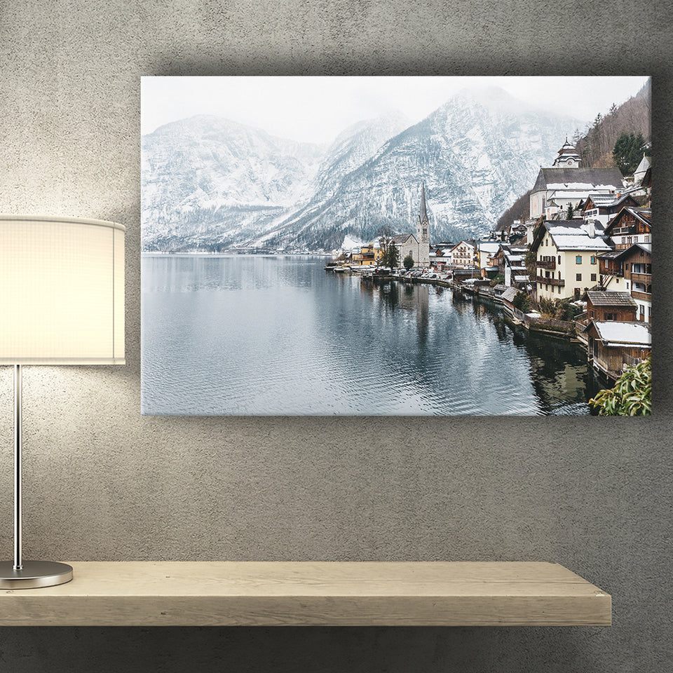 Hallstatt Lake in the Alps, Alps Photo Canvas Prints Wall Art Home Decor - Painting Canvas, Ready to hang