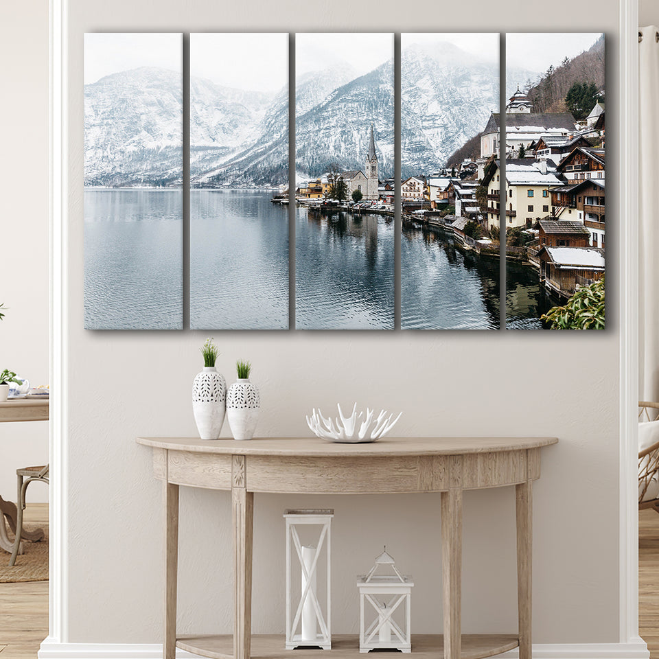 Hallstatt Lake in the Alps, Alps Photo 5 Panels B,Large Canvas,Canvas Prints Wall Art Home Decor