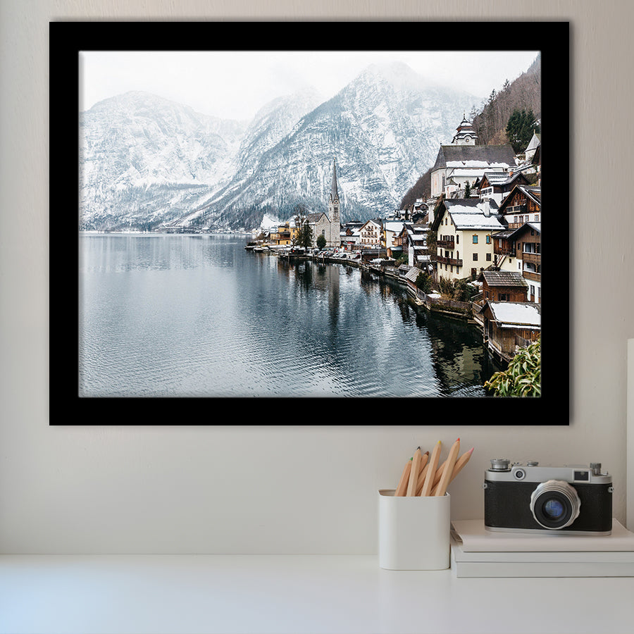 Hallstatt Lake in the Alps, Alps Photo Framed Art Prints Wall Art Decor,Black Frame, Ready to hang