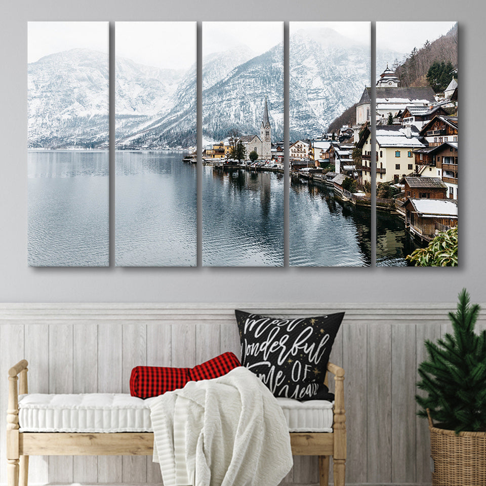 Hallstatt Lake in the Alps, Alps Photo 5 Panels B,Large Canvas,Canvas Prints Wall Art Home Decor