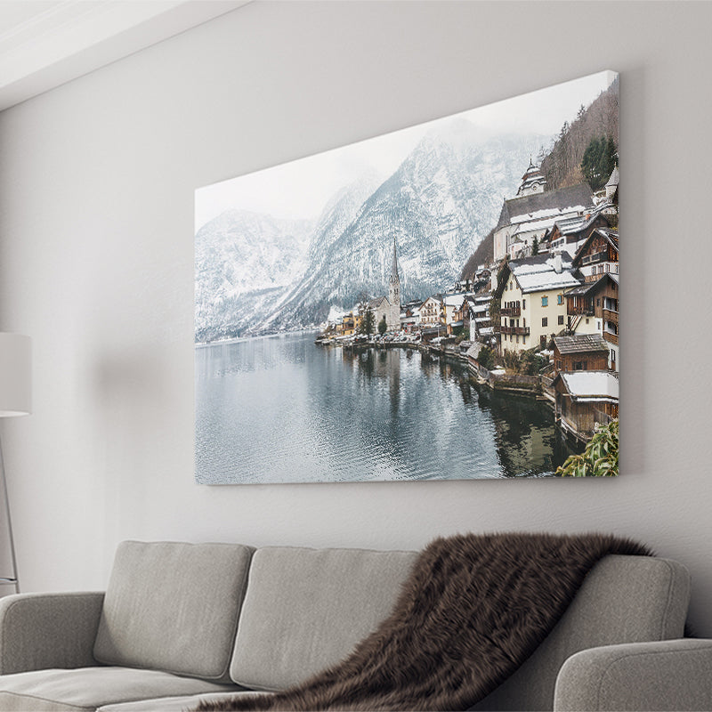 Hallstatt Lake in the Alps, Alps Photo Canvas Prints Wall Art Home Decor - Painting Canvas, Ready to hang